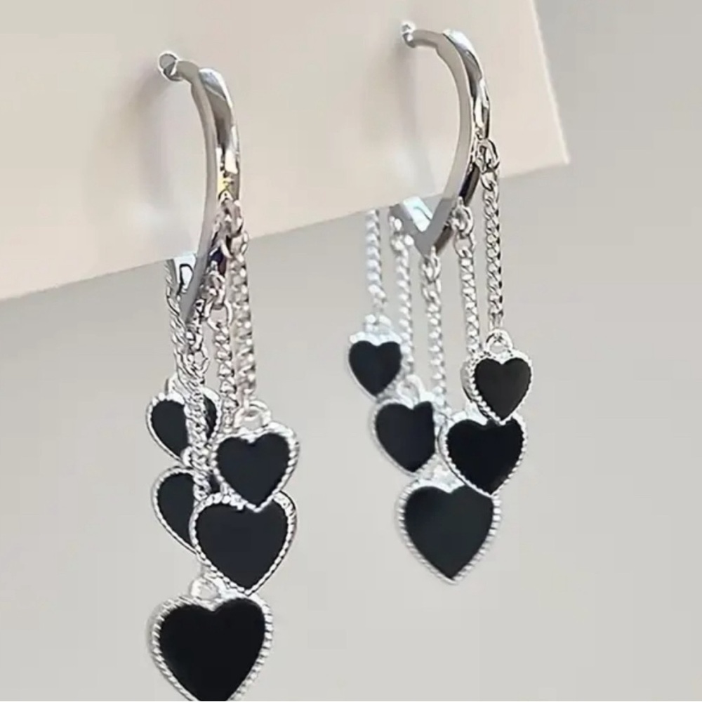 Heart Sterling Silver / Black Enamel Dangling Earrings - New